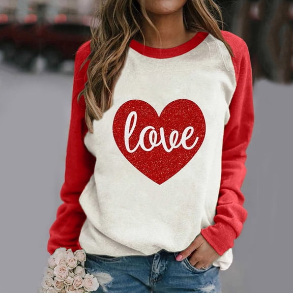 Babysbule Womens Valentine's Day Tops Women's Print Loose Raglan Long-Sleeved Casual Sweatshirt