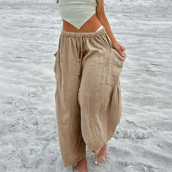 Babysbule Womens Wide Leg Crop Pants Women Casual Pant Loose Comfy Drawstring Trousers With Pockets