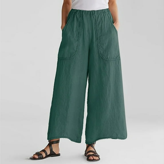 Babysbule Womens Wide Leg Pants Women's Ladies Solid Color Elastic Waist Cotton And Linen Big Pocket Casual Pants