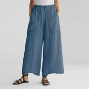 Babysbule Womens Wide Leg Pants Women's Ladies Solid Color Elastic Waist Cotton And Linen Big Pocket Casual Pants