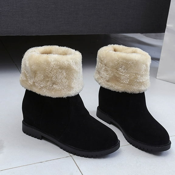 Babysbule Womens Winter Boots ShoesWomen's Vintage Solid Color Round Head Plush Mid-heel Mid-calf Boots