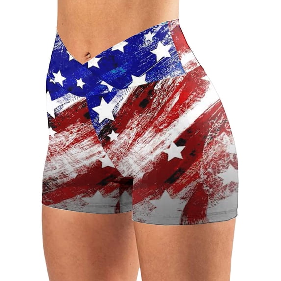 Babysbule Womens Yoga Pants Fashion Womens High Waist American Flag Printed Cross Sport Yoga Short Pants
