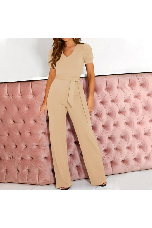 Workout Leggings Pants for Women Stylish Jumpsuit Strappy Waisted Up Short Sleeved Jumpsuit With V-Neck Wide Leg Pants Trousers