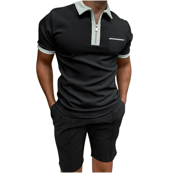 Babysbule Workout Sets for Men 2 Piece Men's Solid Color Set Shirt Pockets Zip Neck Short Sleeve Top Shorts Casual Sports Two Piece Set