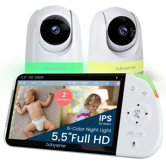 Babysense Full HD 5.5" Split Screen Baby Monitor with 2 Cameras, 6-Color Night Light, White Noise, Sound & Light Machine, 20-Hour Battery, Hack-Proof Non-WiFi Secure Connection
