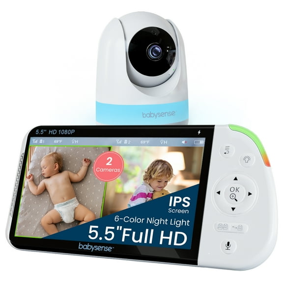 Babysense Full HD 5.5" Split Screen Baby Monitor with Camera and Audio, 6-Color Night Light, White Noise, Sound & Light Machine, 20-Hour Battery, Hack-Proof Non-WiFi Secure Connection