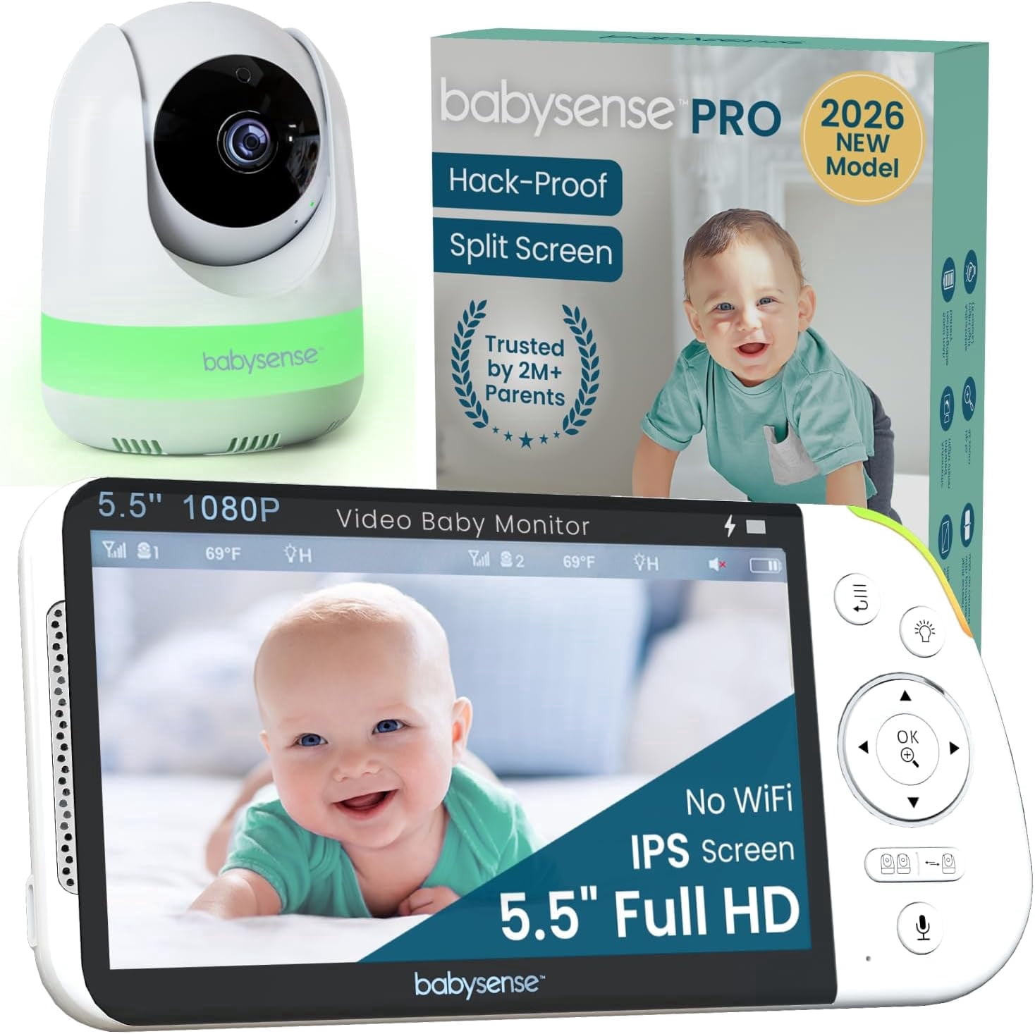 Babysense Full HD 5.5" Split Screen Baby Monitor with Camera and Audio, 6-Color Night Light, White Noise, Sound & Light Machine, 20-Hour Battery, Hack-Proof Non-WiFi Secure Connection
