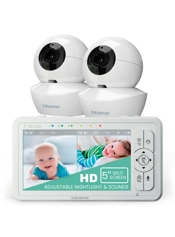 Babysense HD Baby Video Monitor Split Screen, 5" HD Display with 2 Cameras, Night Light, Non-Wi Fi, Pan Tilt Zoom, HDS2