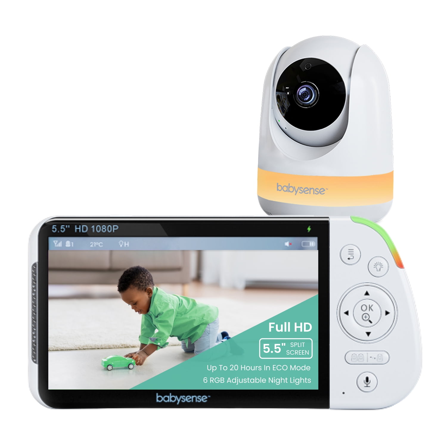 Babysense MaxView 5.5” 1080p Full HD Split-Screen Baby Monitor, Video Baby Monitor with Camera and Audio, PTZ Camera, RGB Night Light, 1000ft Range, Babysense MaxView 5.5” 1080p Full HD Split-Screen Baby Monitor, Video Baby Monitor with Camera and Audio, PTZ Camera, RGB Night Light, 1000ft Range,