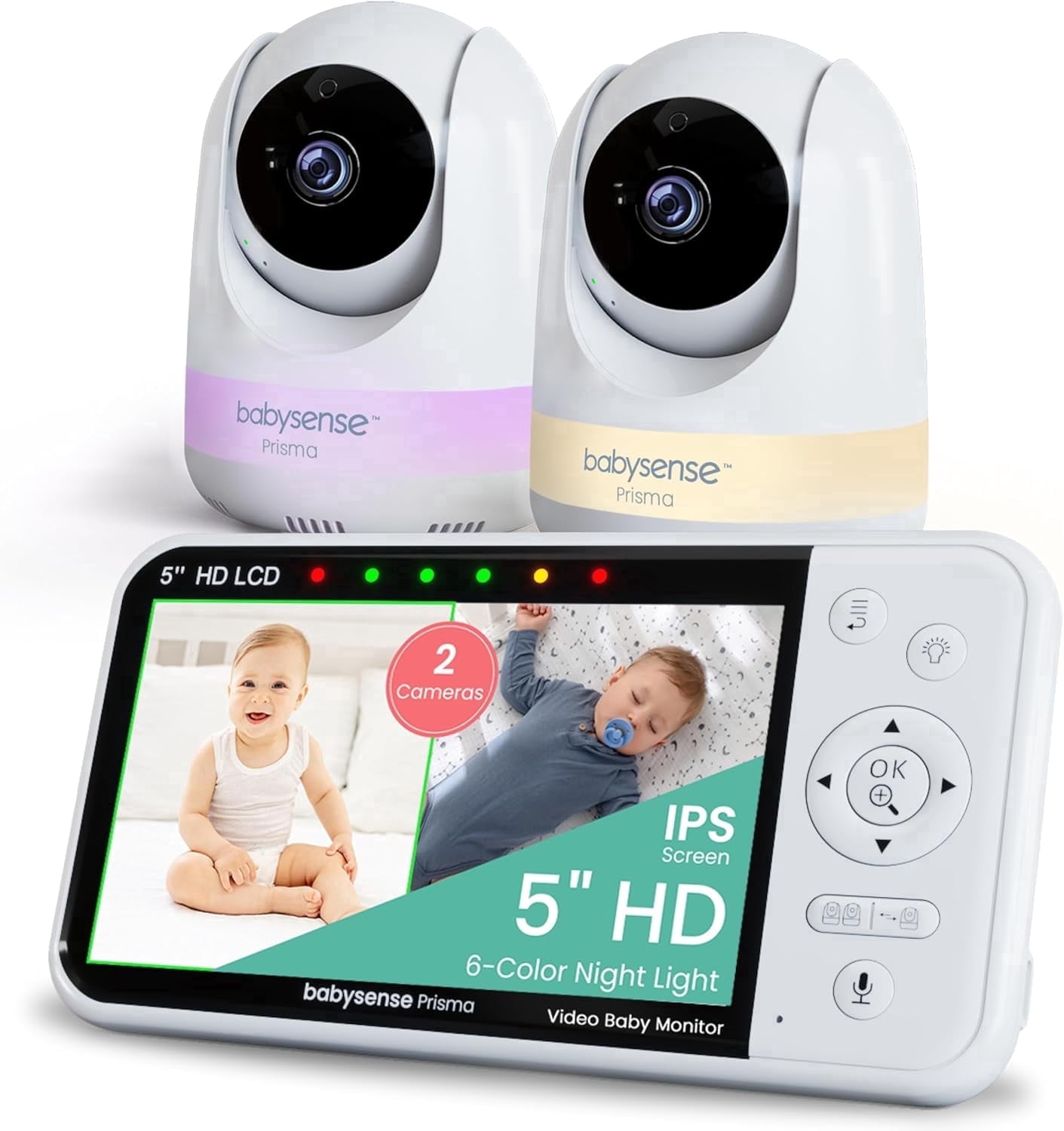 Babysense Prisma Baby Monitor with Camera and Audio, 5” HD Video Baby Monitor with 2 Cameras, 6-Color Night Light, Split Screen, Sound Machine with White Noise & Lullabies, Secure No WiFi