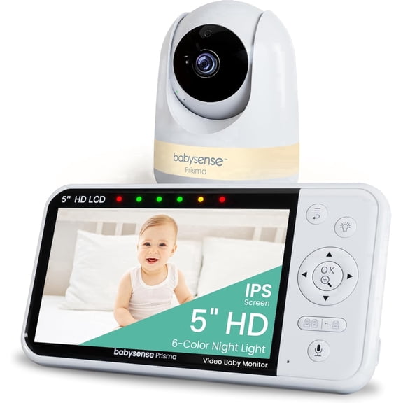 Babysense Prisma Baby Monitor with Camera and Audio, 5” HD Video Baby Monitor, 6-Color Night Light, Split Screen, Baby Sound Machine with White Noise & Lullabies, Secure No Wifi