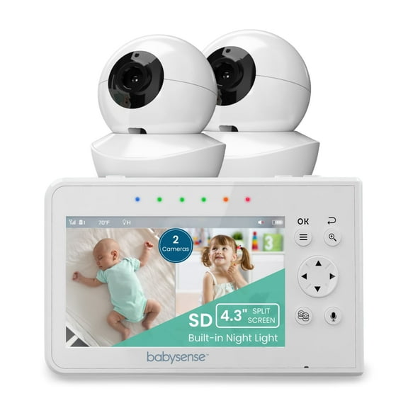 Babysense Split Screen Video Baby Monitor, 4.3" Display with 2 PTZ Cameras, Long Range, Night Light & Vision, Two-Way Talk, V43