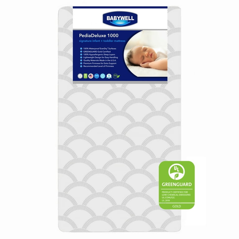 Babywell PediaDeluxe 1000 Baby Crib and Toddler Mattress, Waterproof, Extra  Firm, GREENGUARD Gold, Sustainably Sourced Fiber Core, White/Grey