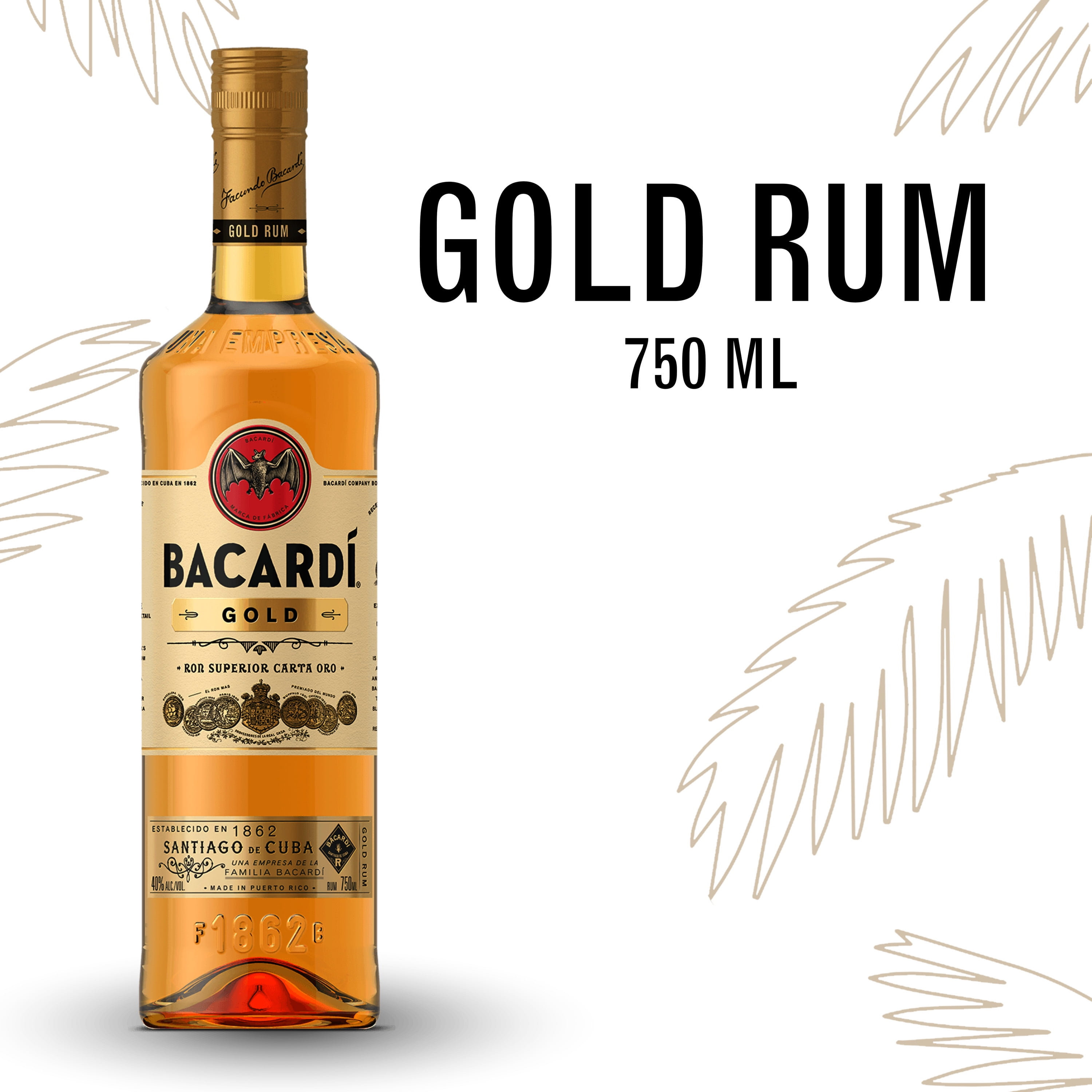 Rum, Bottle, Free, ABV ml Gold 40% Gluten 750 Bacardi