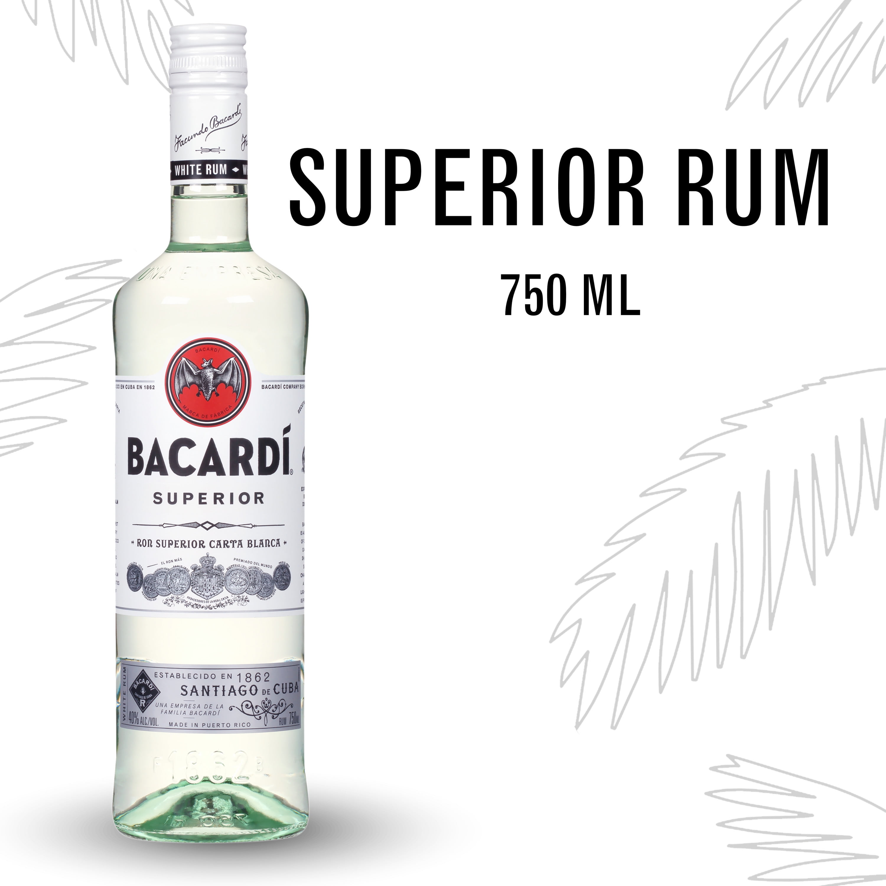750 Free, ml Bacardi Rum, Gluten White Superior 40% ABV Bottle,