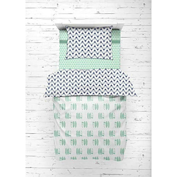Bacati - 100% Cotton Muslin Aztec/Tribal 4 Piece Toddler Bedding Set 100 Percent Cotton Includes Reversible Comforter, Fitted Sheet, Top Sheet, and Pillow Case (Triangles/Feathers/Bucks Mint/Navy)