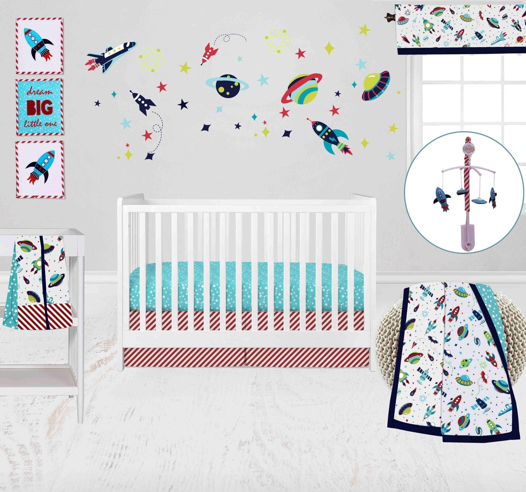 Bacati - Airspace 10-Piece Crib Bedding Set with Two Crib Sheets - Aqua/Navy/Green/Red Boys