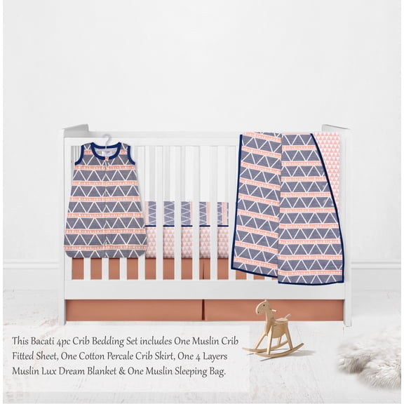 Bacati - Aztec Coral/Mint/Navy Triangles Muslin Girls Crib Bedding Set