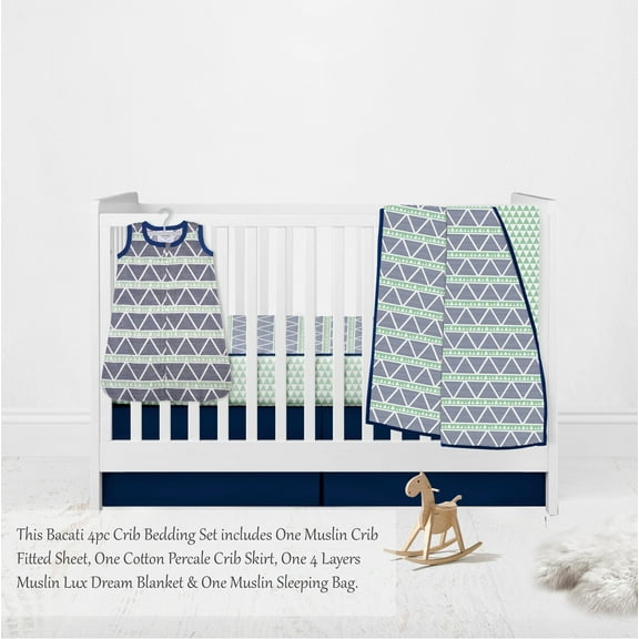 Bacati - Aztec Coral/Mint/Navy Triangles Muslin Girls Crib Bedding Set