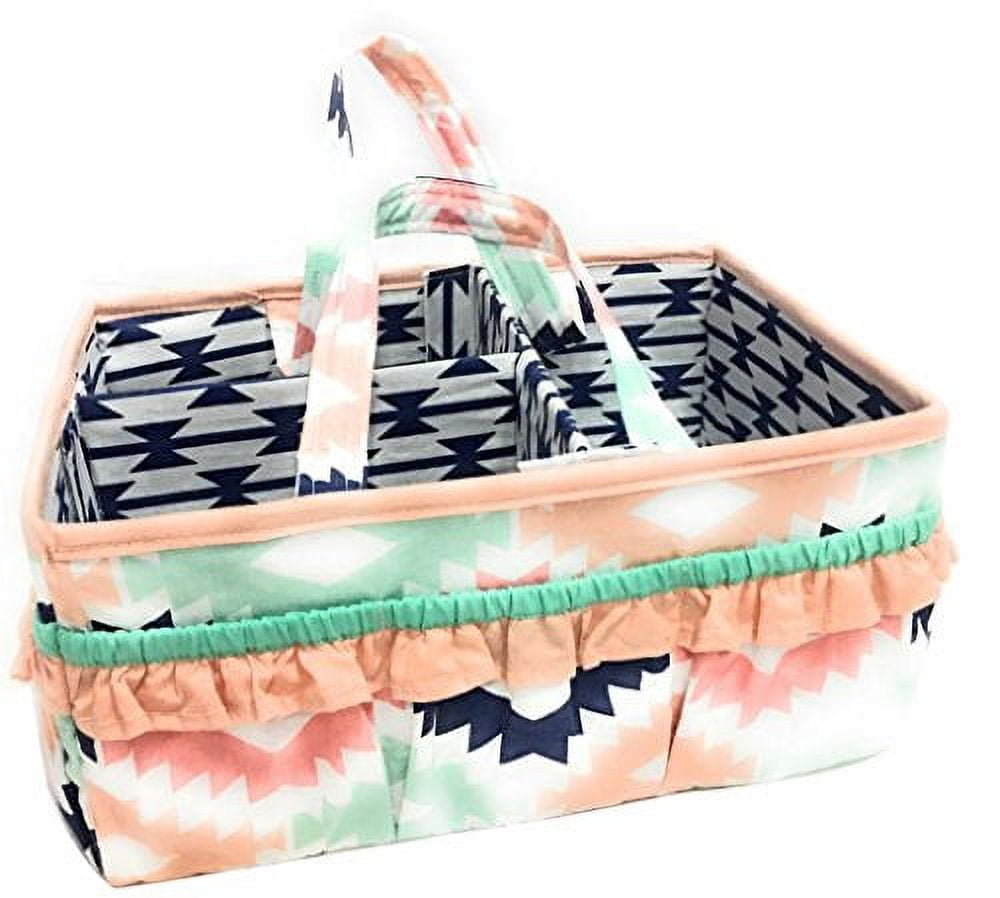 Bacati Aztec Emma Girls Nursery Fabric Storage Caddy with Handles, Coral/Mint/Navy