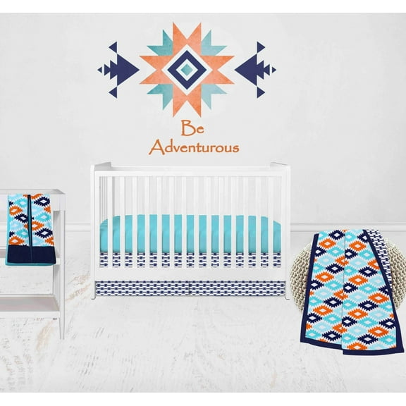 Bacati - Aztec Liam 4-Piece Crib Bedding Set with Diaper Stacker - Aqua/Orange/Navy Boys