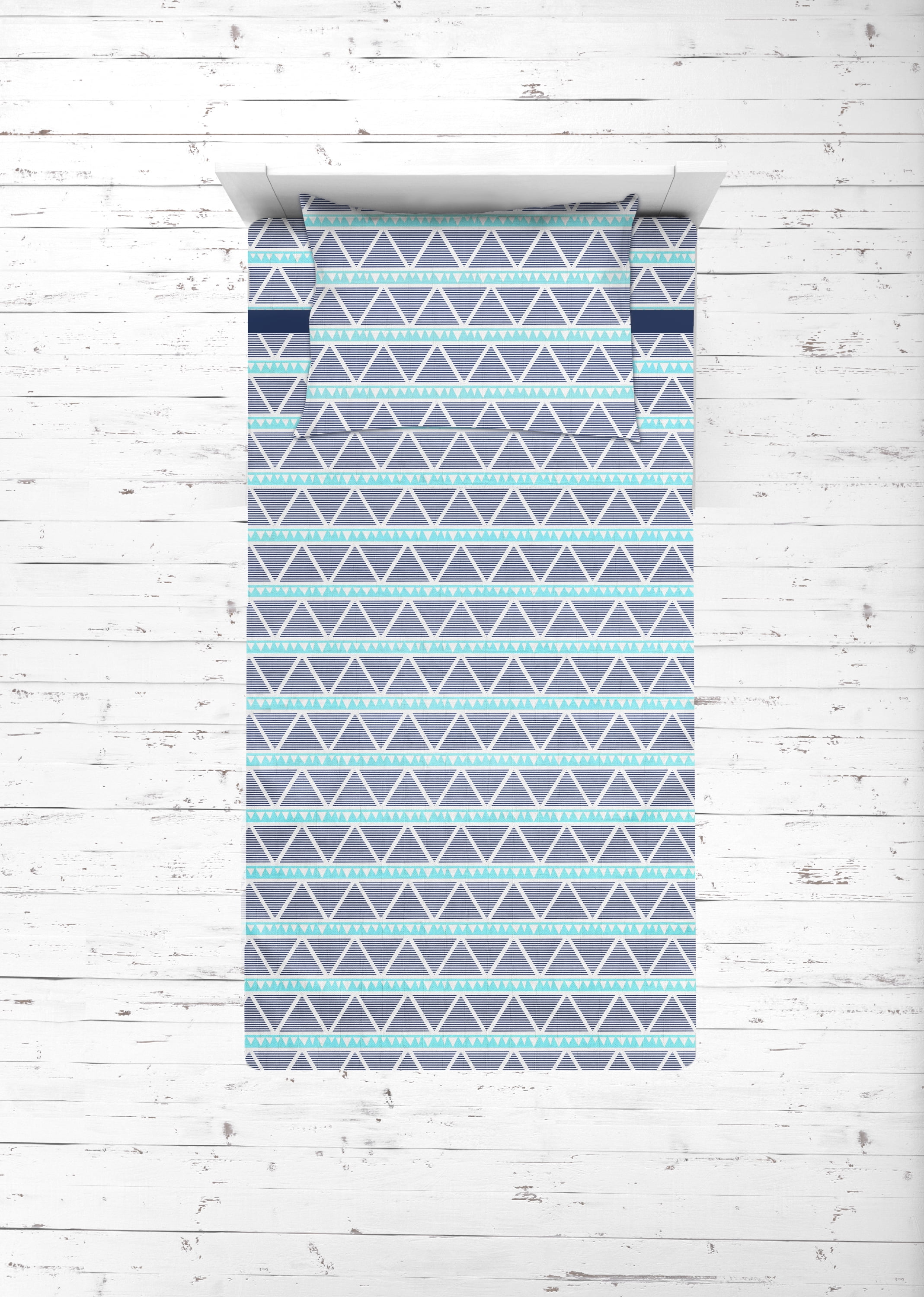 Bacati - Aztec/Tribal Aqua/Navy 3-Piece 100% Cotton breathable Muslin Toddler Bedding Sheet Set, Large Triangles