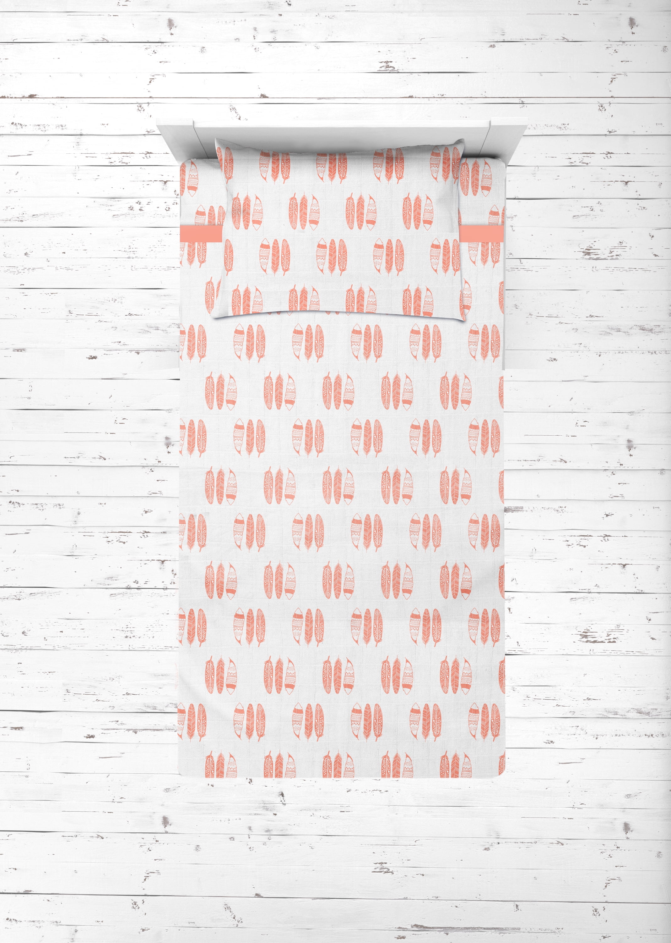 Bacati - Aztec/Tribal Coral/Navy 3-Piece 100% Cotton breathable Muslin Toddler Bedding Sheet Set, Feathers