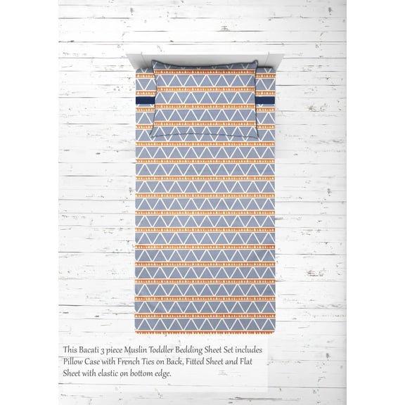 Bacati - Aztec/Tribal Orange/Navy 3-Piece 100% Cotton breathable Muslin Toddler Bedding Sheet Set, Large Triangles