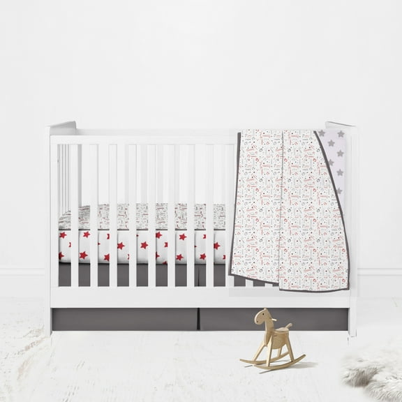 Bacati Baseball 3-Piece Crib Bedding Set Red/Grey Cotton Muslin Standard Crib