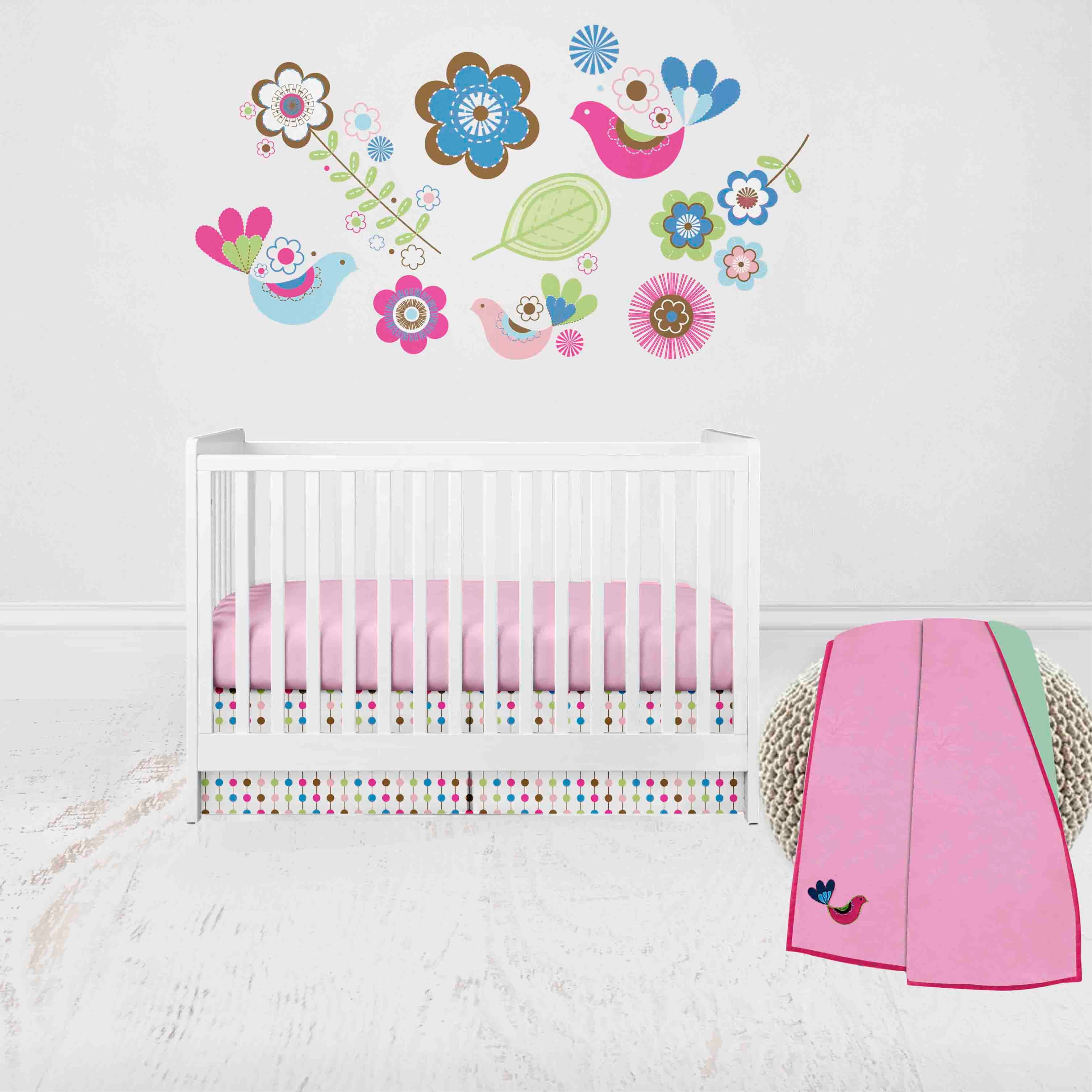 Bacati - Botanical Floral Birds 3-Piece Crib Bedding Set - Pink/Multi Girls