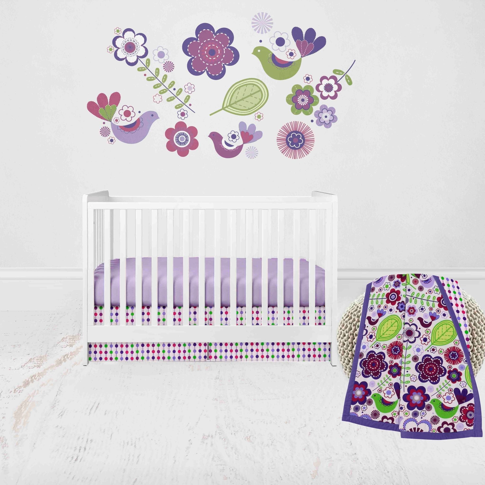 Bacati - Botanical Floral Birds 3-Piece Crib Bedding Set - Purple/Multi Girls