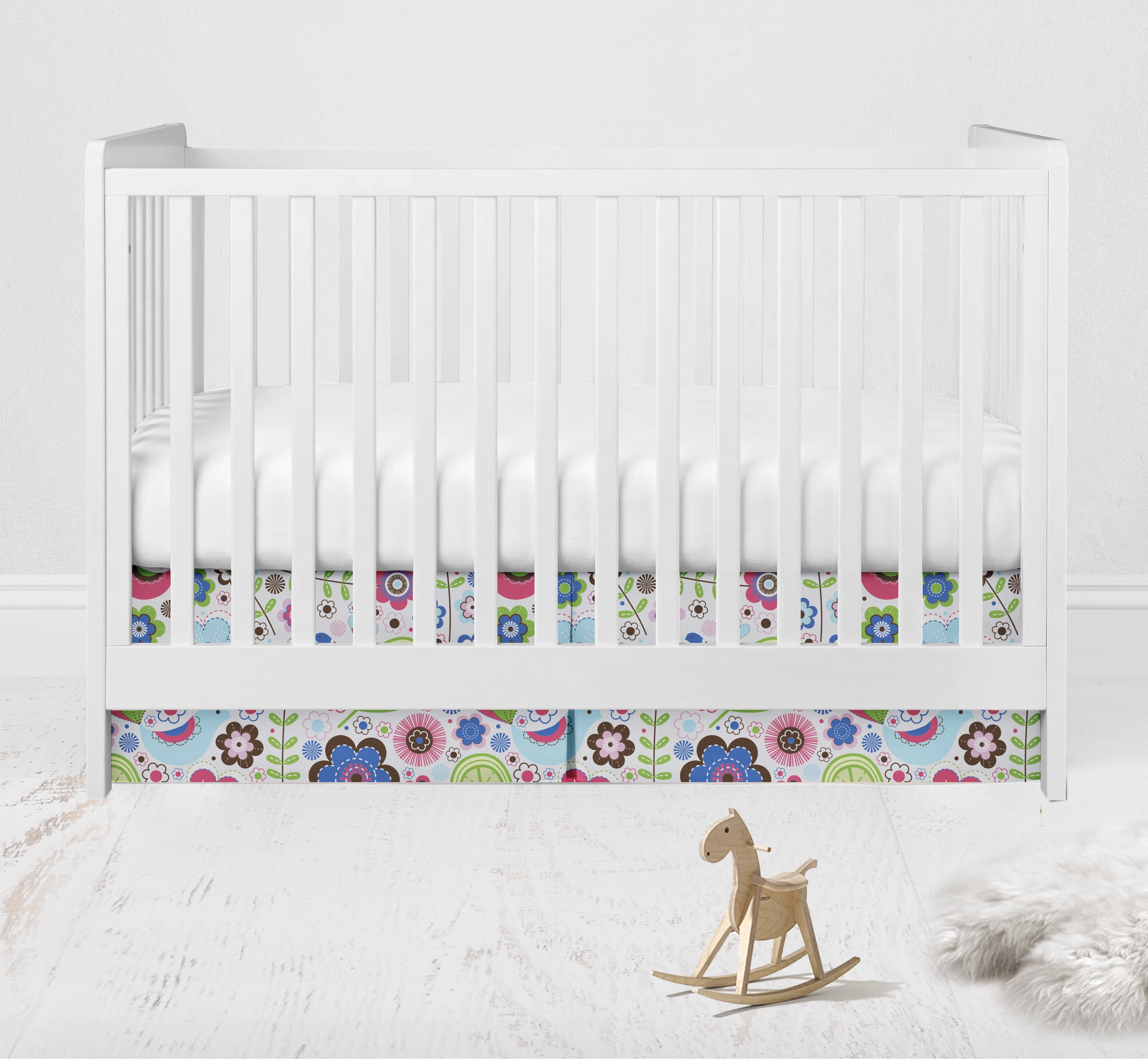 Bacati - Botanical Floral with birds Pink Tailored with 100% Cotton Percale 13 inch drop Crib Skirt