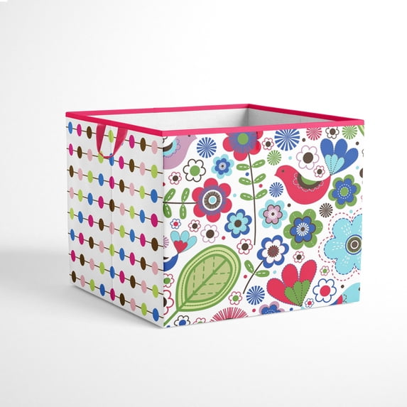 Bacati - Botanical Pink Cotton Percale Fabric covered Storage, Large Box, 14 x 14 x 10 inches