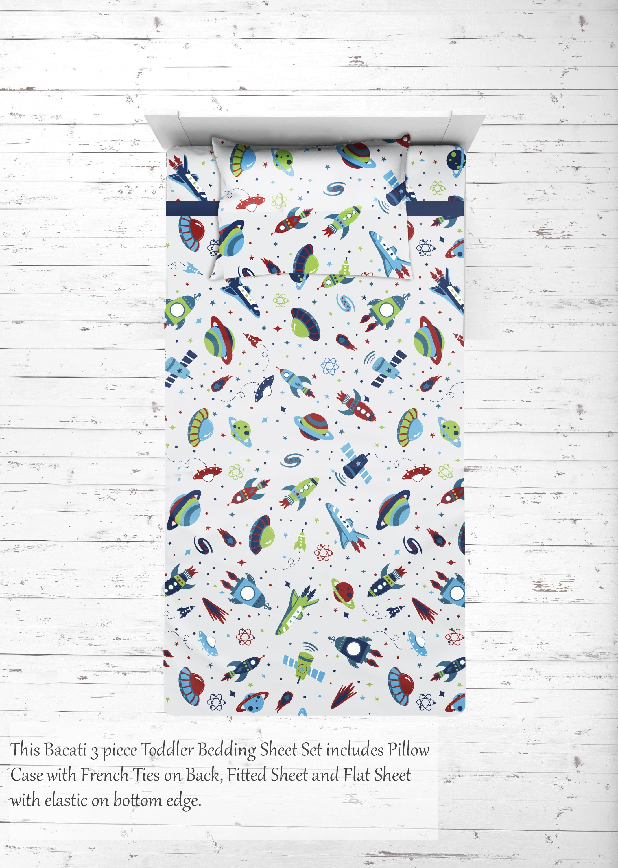 Bacati - Boys 4 pc Toddler Bedding/3 pc Sheet Set 100% Cotton Percale, Airspace Aqua/Red/Orange/Green/Navy