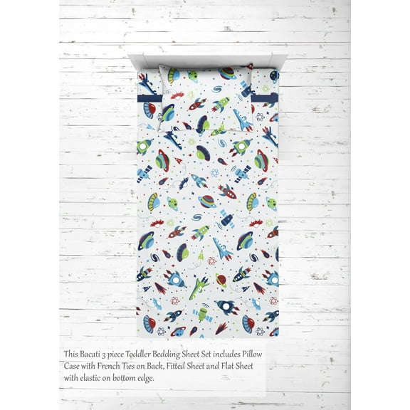 Bacati - Boys 4 pc Toddler Bedding/3 pc Sheet Set 100% Cotton Percale, Airspace Aqua/Red/Orange/Green/Navy