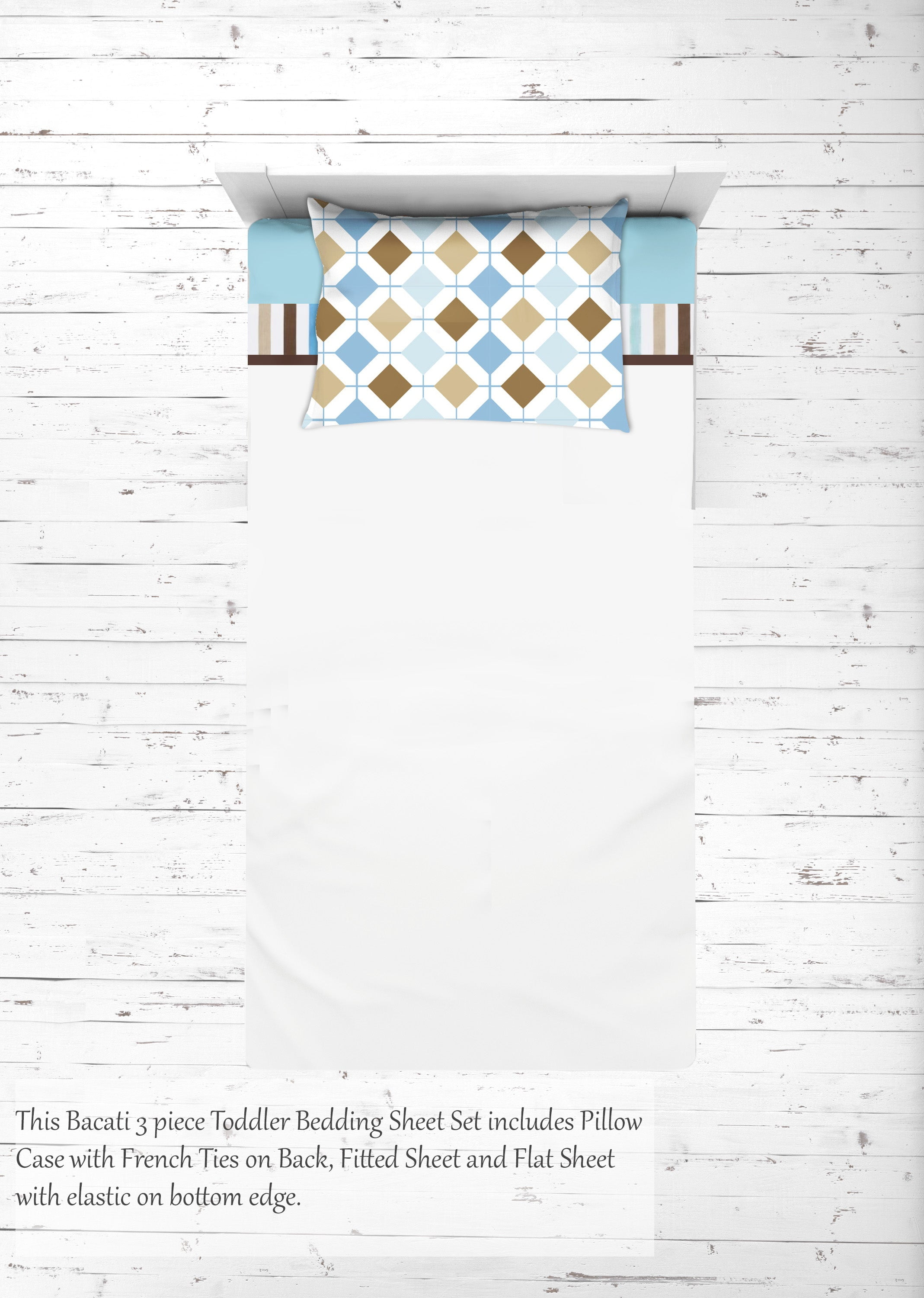Bacati - Boys 4 pc Toddler Bedding/3 pc Sheet Set 100% Cotton Percale, Mod Diamonds Stripes, Aqua/Teal/Beige/Brown