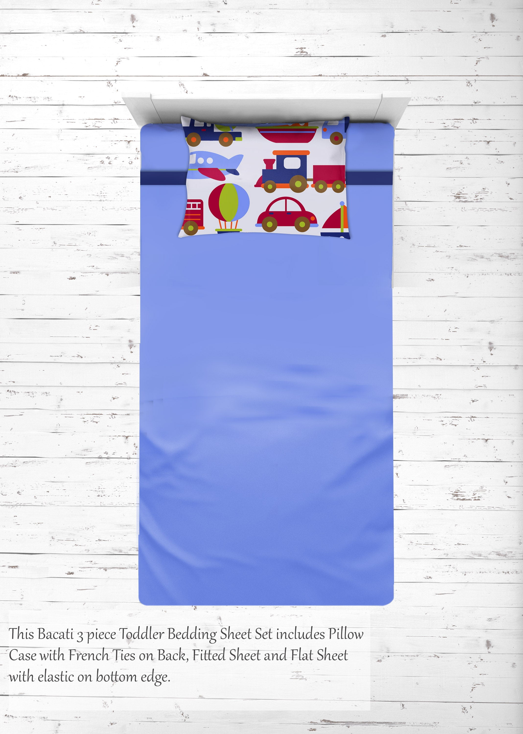 Bacati - Boys 4 pc Toddler Bedding/3 pc Sheet Set 100% Cotton Percale, Transportation Blue/Navy/Orange/Red/Green