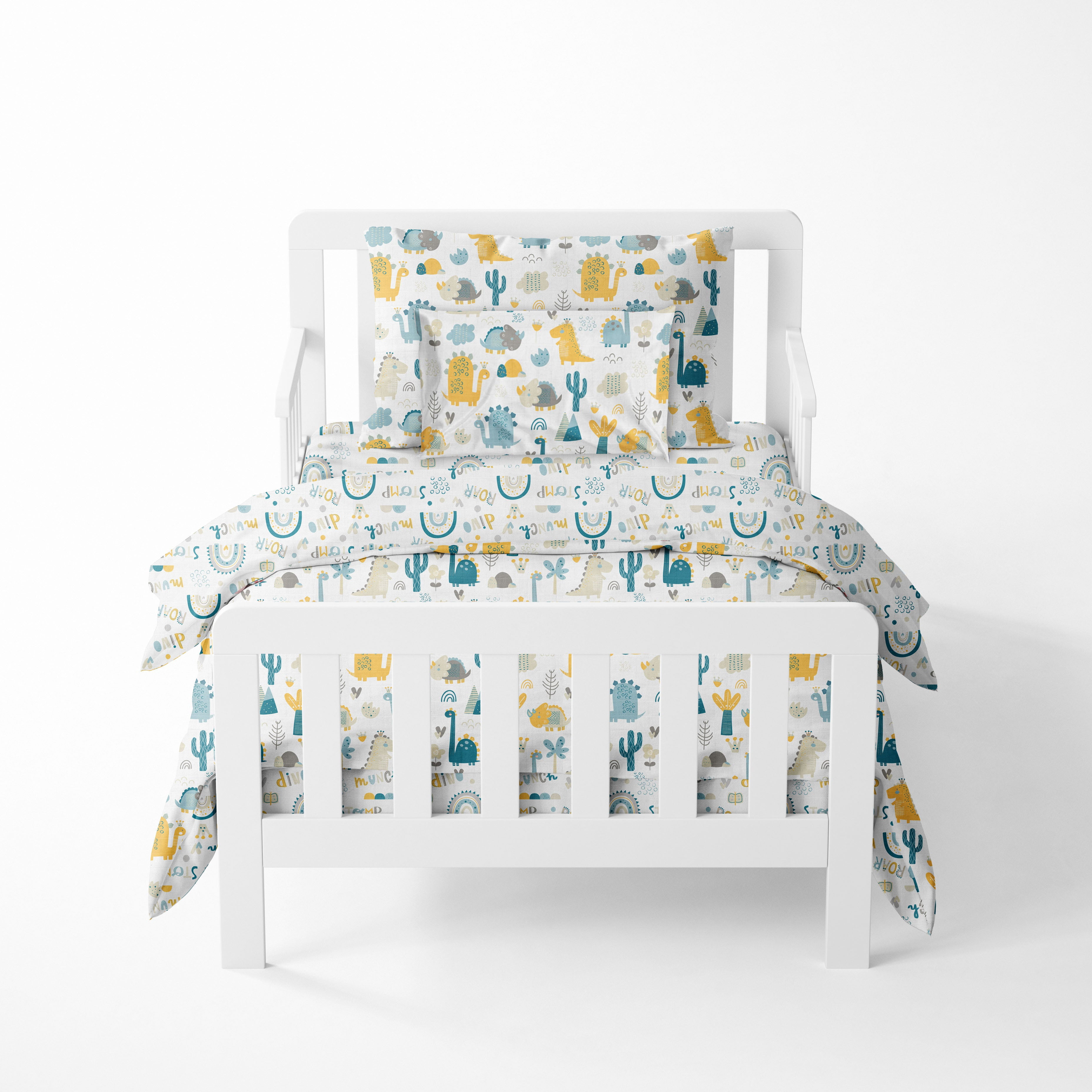 Bacati - Boys 5 pc Toddler Bedding/Sheet Set 100% Cotton Muslin, Little Dino Teal/Yellow/Gray