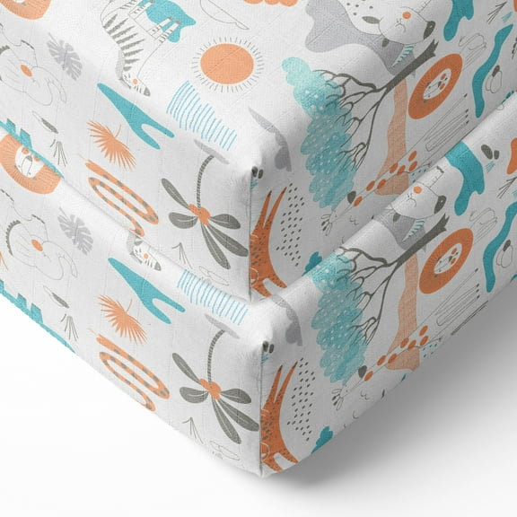 Bacati - Boys Jungle Safari Serengeti Aqua Orange Gray Muslin Crib or Toddler Bed Fitted Sheet