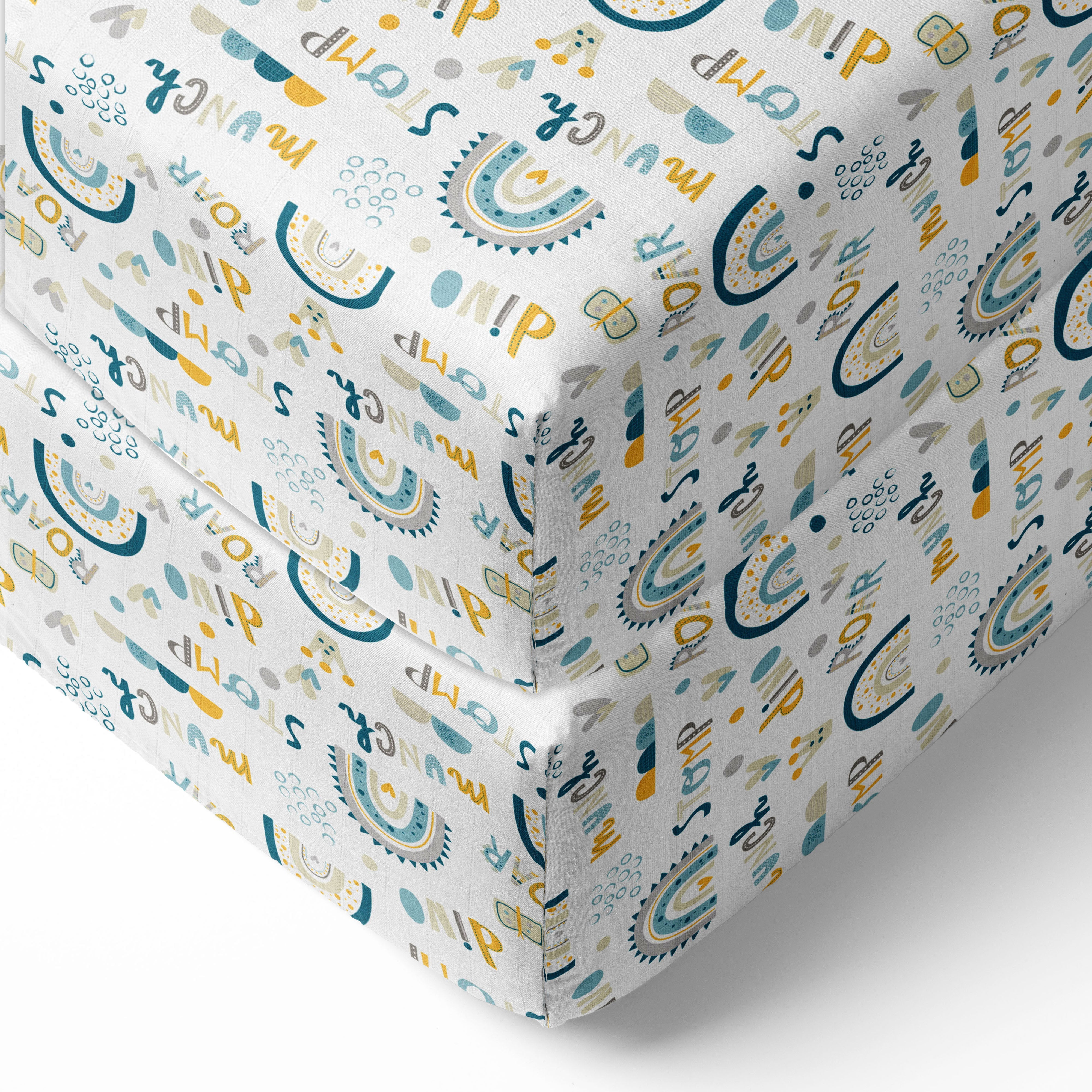 Bacati - Boys Little Dino Rainbow Teal Aqua Yellow Muslin Crib or Toddler Bed Fitted Sheet