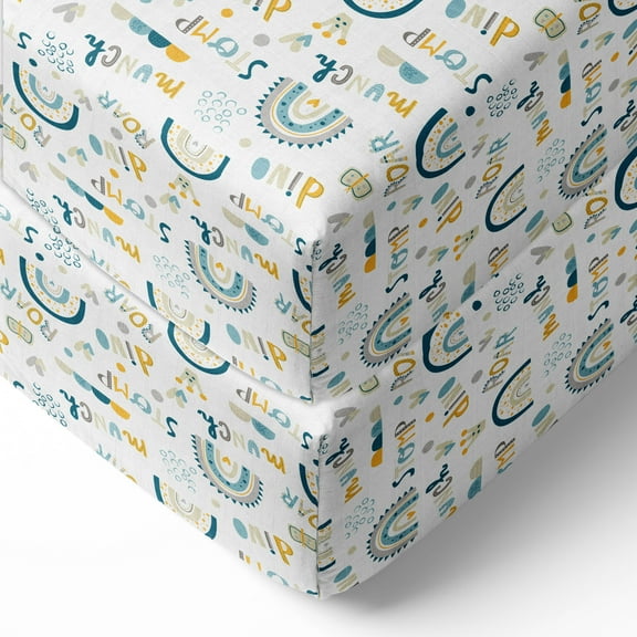 Bacati - Boys Little Dino Rainbow Teal Aqua Yellow Muslin Crib or Toddler Bed Fitted Sheet