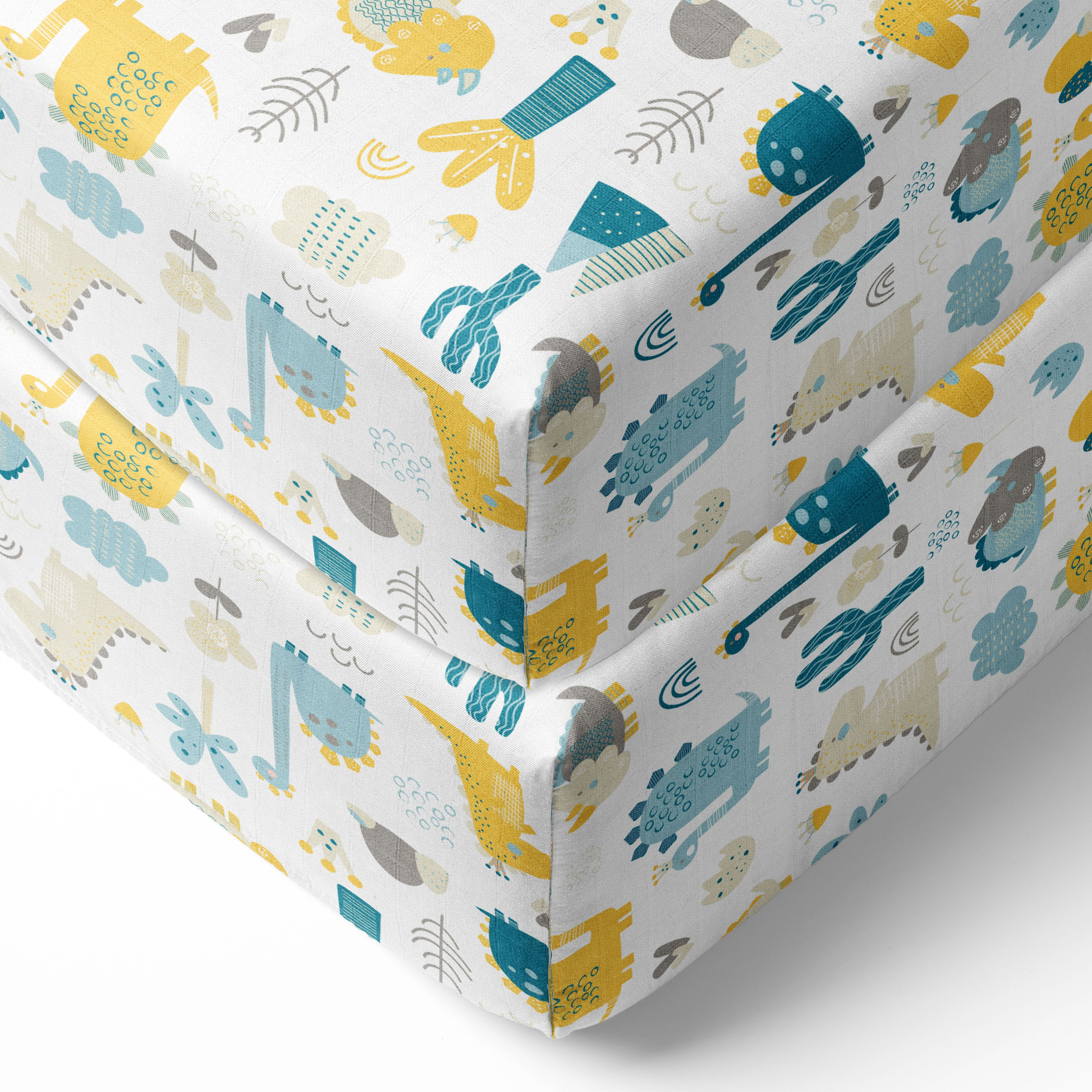 Bacati - Boys Little Dino Teal Aqua Yellow Muslin Crib or Toddler Bed Fitted Sheet