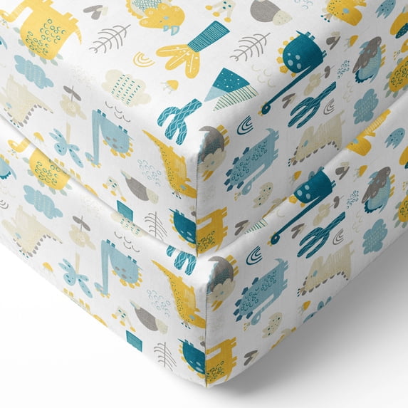 Bacati - Boys Little Dino Teal Aqua Yellow Muslin Crib or Toddler Bed Fitted Sheet