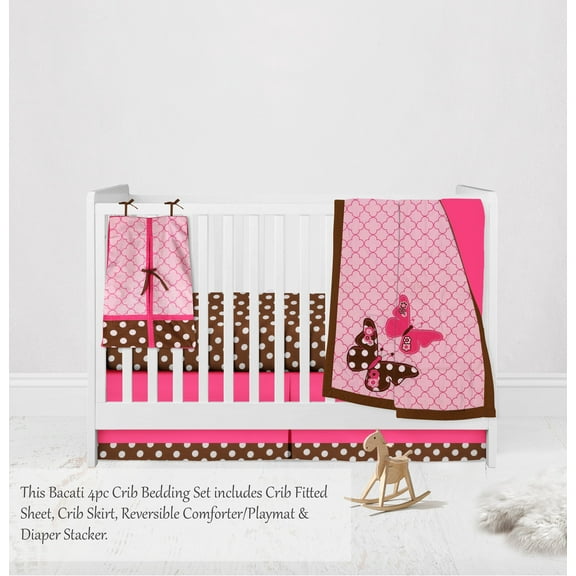 Bacati - Butterflies 4-Piece Crib Bedding Set with Diaper Stacker - Pink/Chocolate Girls