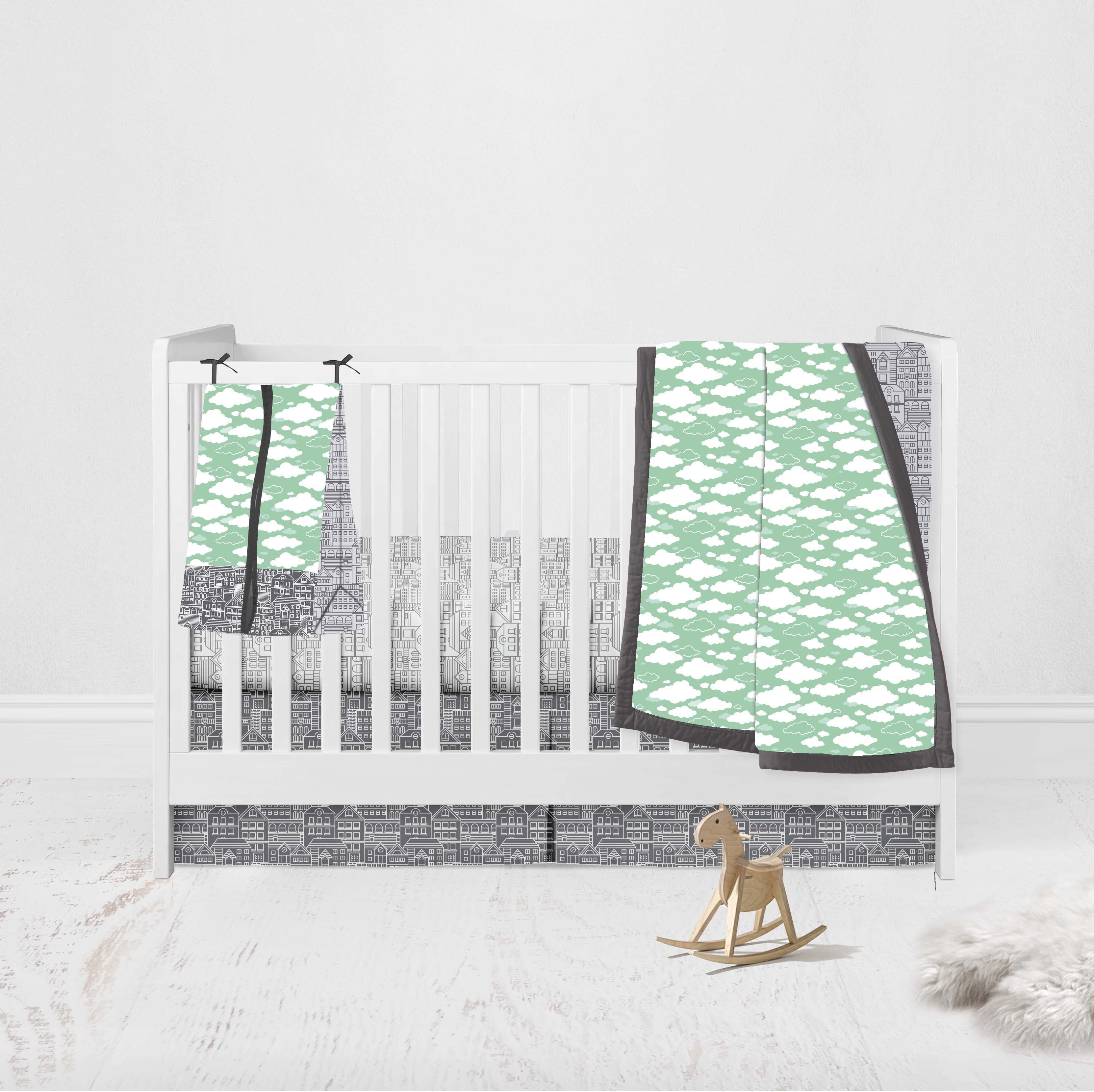 Bacati - Clouds in the City 10-Piece Crib Bedding Set with Two Crib Sheets - Mint/Grey Unisex