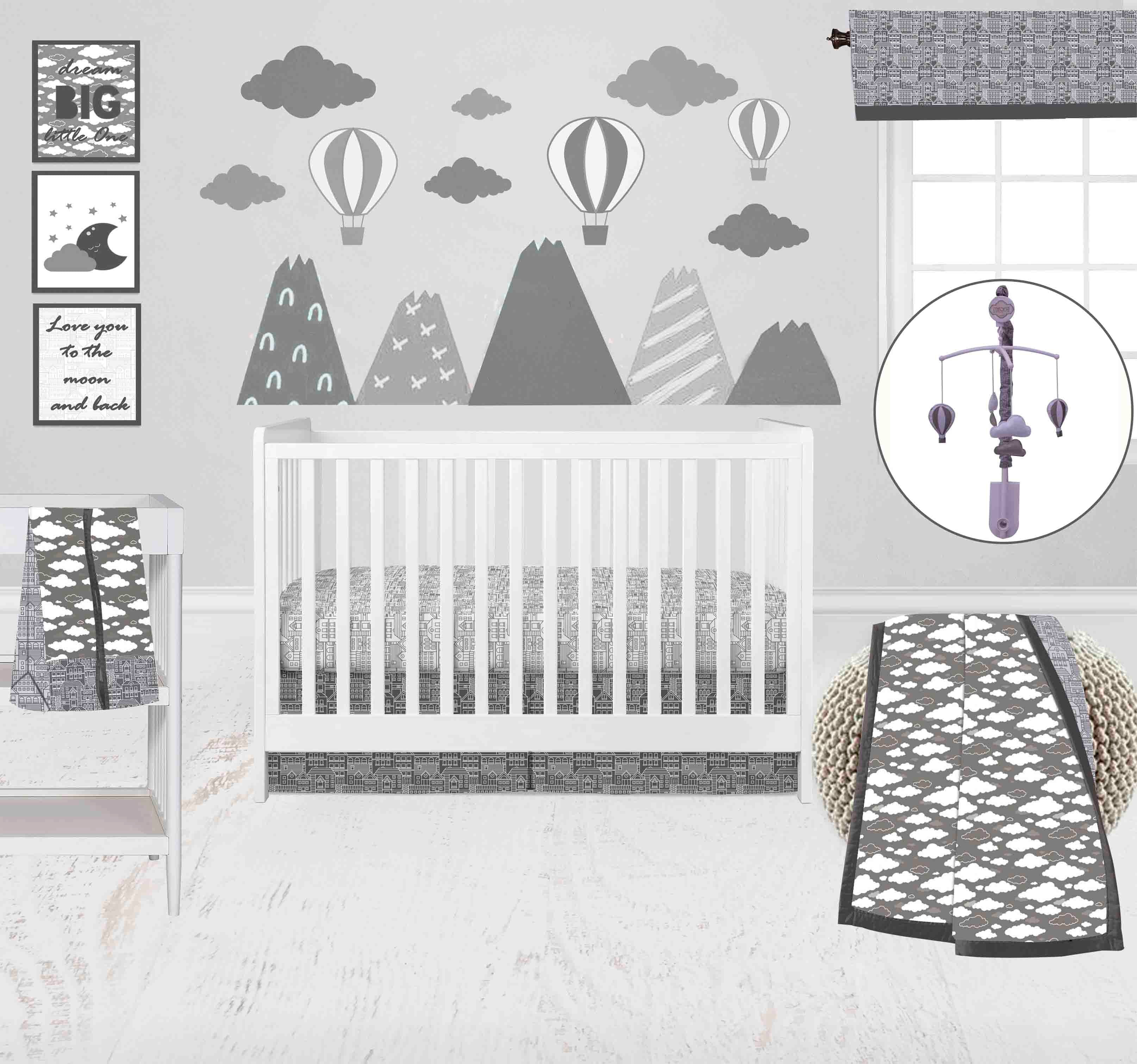 Bacati - Clouds in the City 10-Piece Crib Bedding Set with Two Crib Sheets - White/Grey Unisex