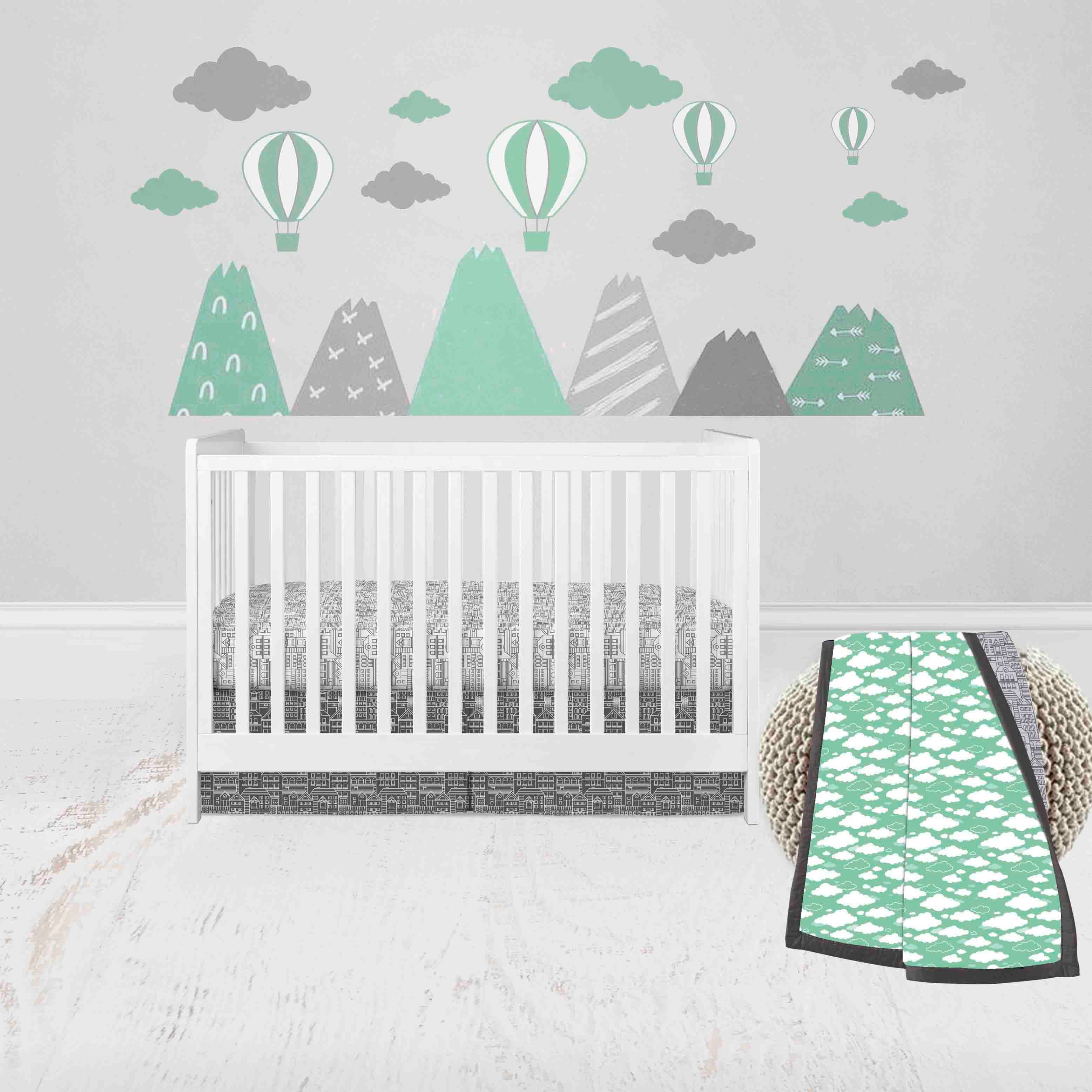 Bacati - Clouds in the City 3-Piece Crib Bedding Set - Mint/Grey Unisex