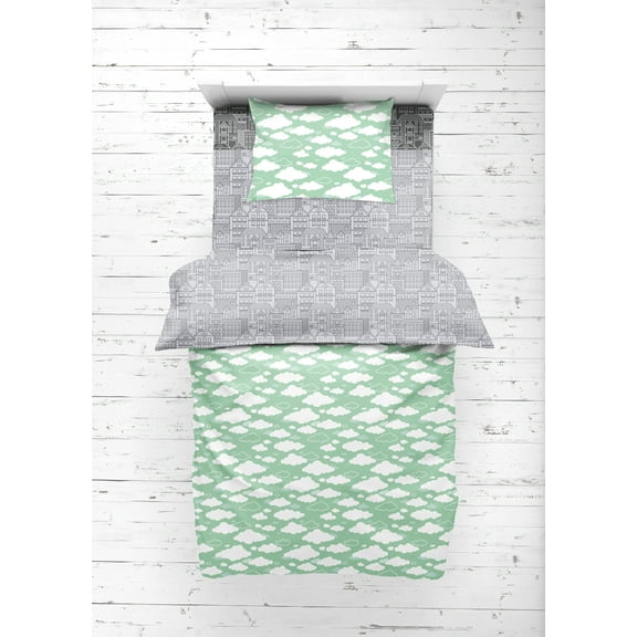 Bacati - Clouds in the City Mint//Grey 4 pc Toddler Bedding Set