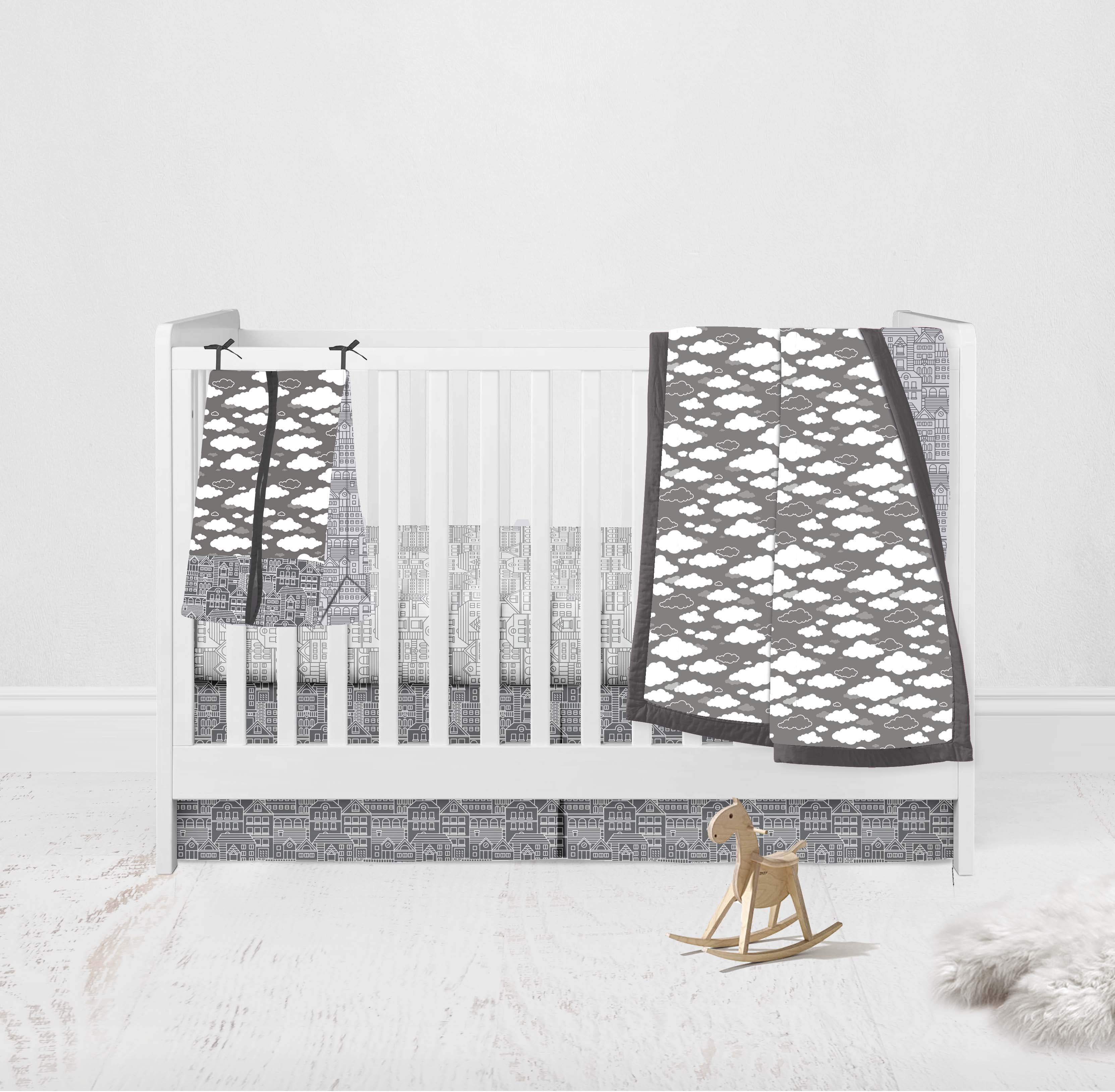 Bacati - Clouds in the City 4-Piece Crib Bedding Set with Diaper Stacker -White/Grey Unisex