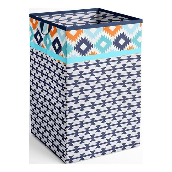 Bacati Collapsible Cotton Percale Fabric Laundry Hamper, Aztec Liam Aqua